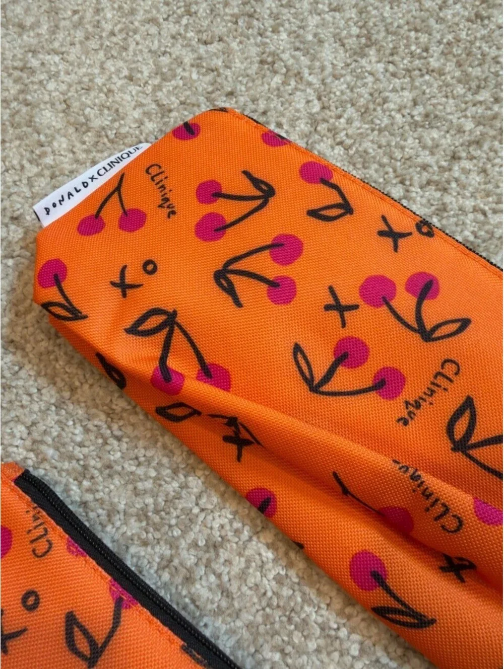 Donald Robertson x Clinique Cherry Print Cosmetic Bag Lot of 2 Orange Pink New